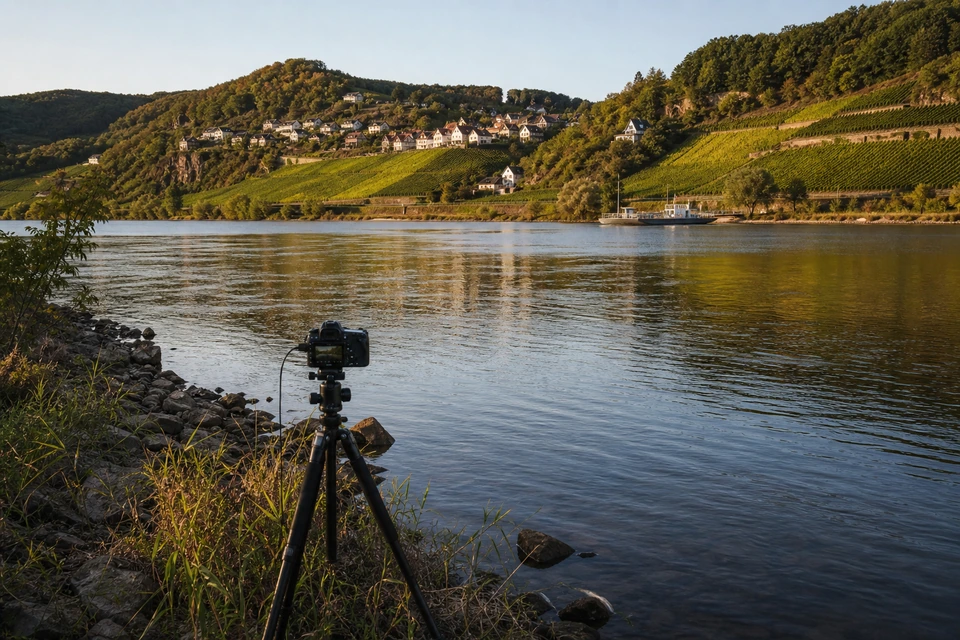 Kamera auf einem Stativ am Flussufer im Morgenlicht, dahinter ein Weinberghang (mit AI erstelltes Bild)