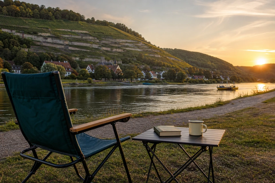Campingstuhl und kleiner Klapptisch mit Buch und Emaillebecher mit Blick auf den Fluss im Sonnenuntergang (mit AI erstelltes Bild)