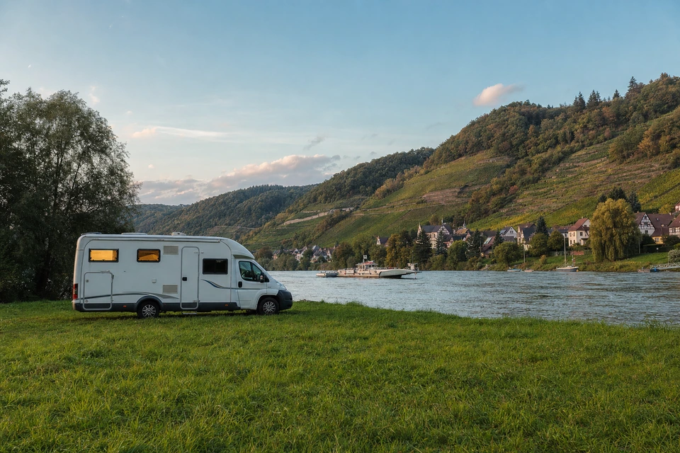 Einzelnes Wohnmobil auf einer weiten Flusswiese in der Dämmerung, ein warmes Fenster erleuchtet (mit AI erstelltes Bild)