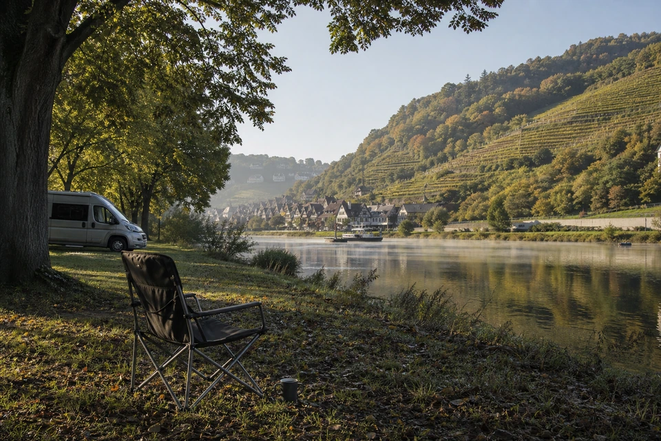 Einzelner Campingstuhl und eine Tasse auf einer taunassen Uferwiese am frühen Morgen (mit AI erstelltes Bild)