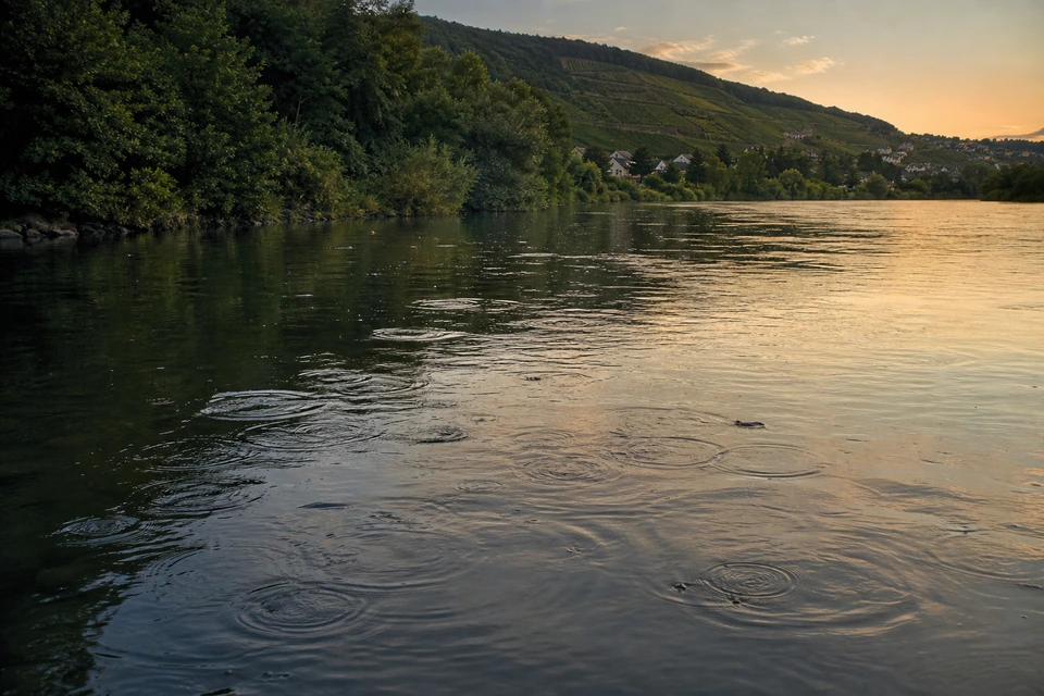 Breiter ruhiger Fluss in der Dämmerung mit Ringen auf der Wasseroberfläche (mit AI erstelltes Bild)