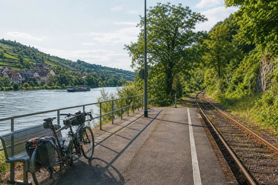 Kleiner eingleisiger Bahnhaltepunkt im Flusstal mit zwei abgestellten Reiserädern am Bahnsteig (mit AI erstelltes Bild)