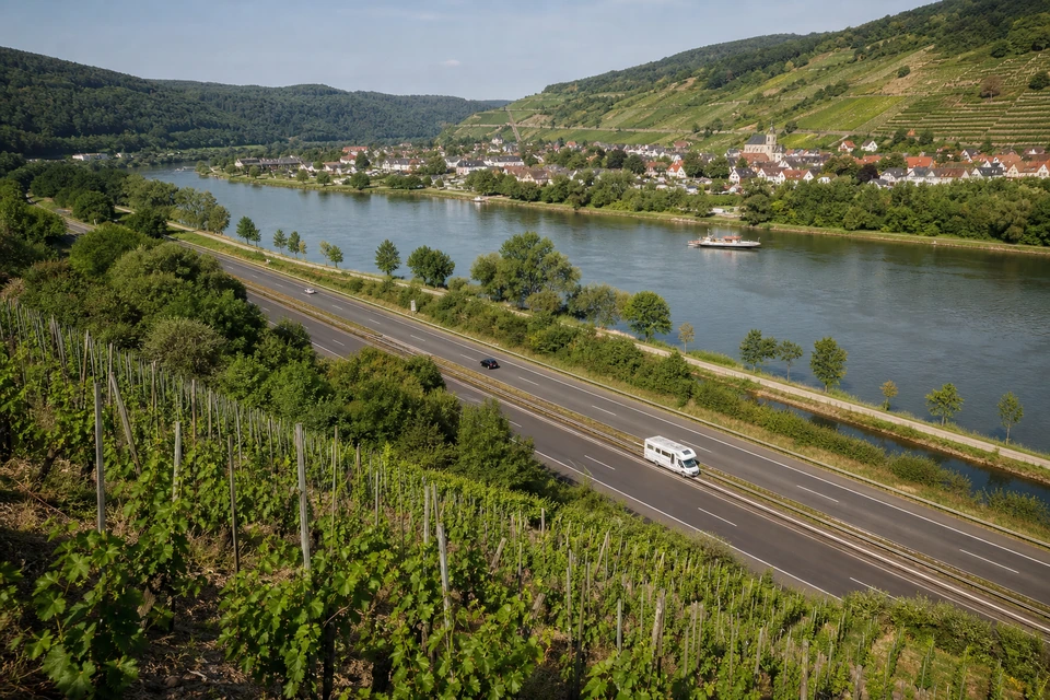 Vierspurige Bundesstraße auf dem Talboden eines Flusstals, von einem Weinberghang aus gesehen (mit AI erstelltes Bild)