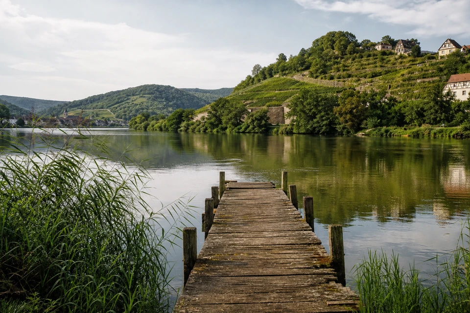 Alter Holzsteg, der in den ruhigen Fluss hineinragt, verwitterte Planken und Schilf am Rand (mit AI erstelltes Bild)