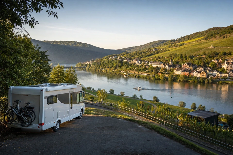 Wohnmobil an einem weiten Aussichtspunkt über einem Flusstal im ersten Licht (mit AI erstelltes Bild)