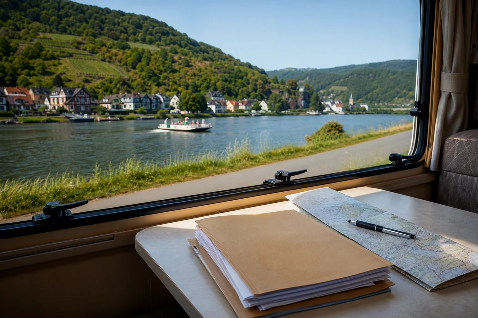 Dokumentenmappe, Straßenkarte und Stift auf einem kleinen Wohnmobiltisch am Fenster (mit AI erstelltes Bild)