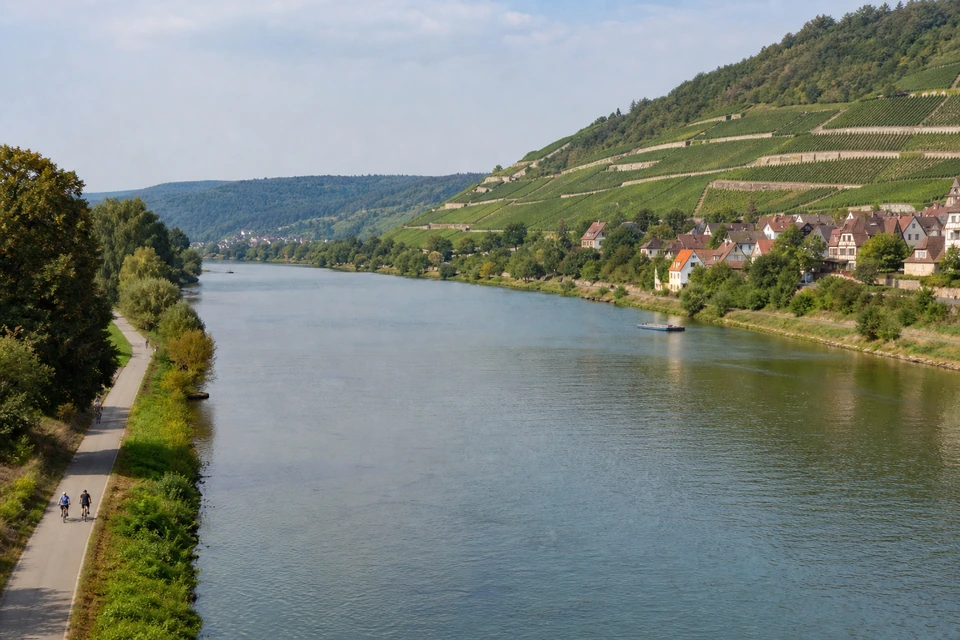 Langer gerader Flussabschnitt mit Radweg am Ufer und Weinbergen am Gegenhang (mit AI erstelltes Bild)