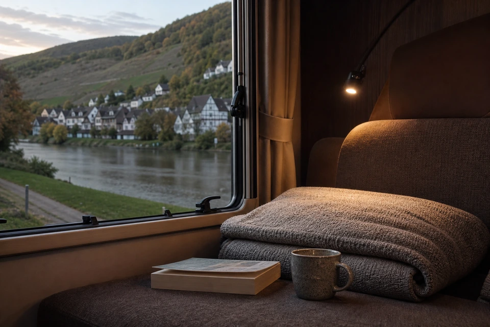 Gefaltete Decke, Becher und Taschenbuch auf einer Wohnmobilbank unter einer Leselampe (mit AI erstelltes Bild)
