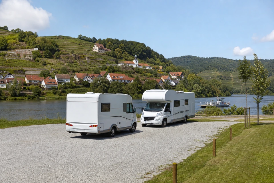 Einfacher kostenfreier Stellplatz am Fluss mit zwei Wohnmobilen auf Schotter (mit AI erstelltes Bild)