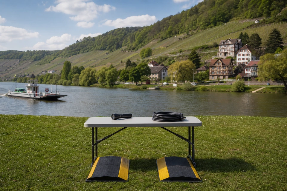 Klapptisch auf einer Wiesenparzelle mit Auffahrkeilen, Taschenlampe und Kabelrolle (mit AI erstelltes Bild)