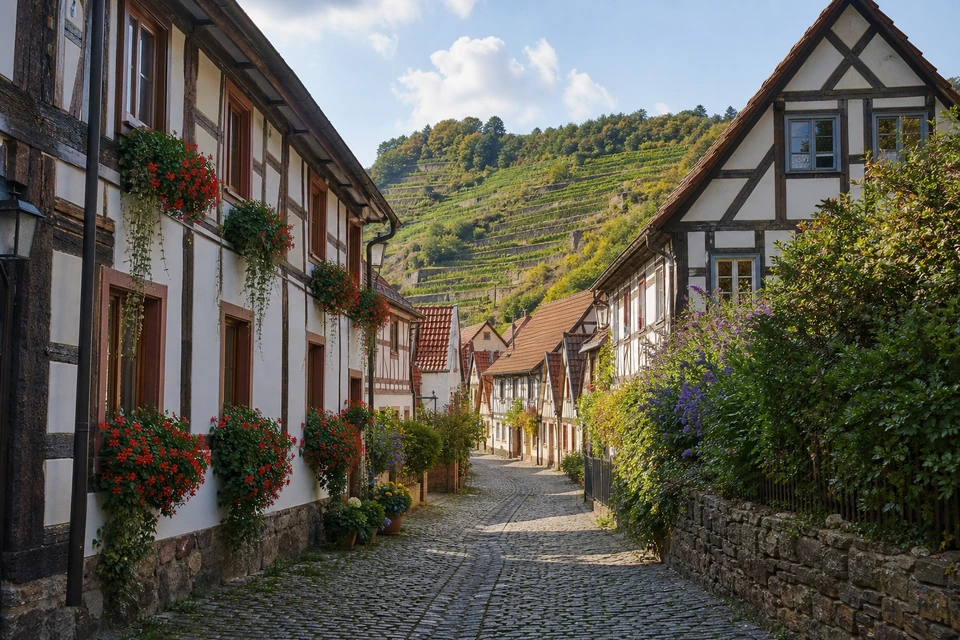 Schmale Kopfsteingasse zwischen Fachwerkhäusern, die zum Weinberghang ansteigt, Blumenkästen an den Fenstern (mit AI erstelltes Bild)