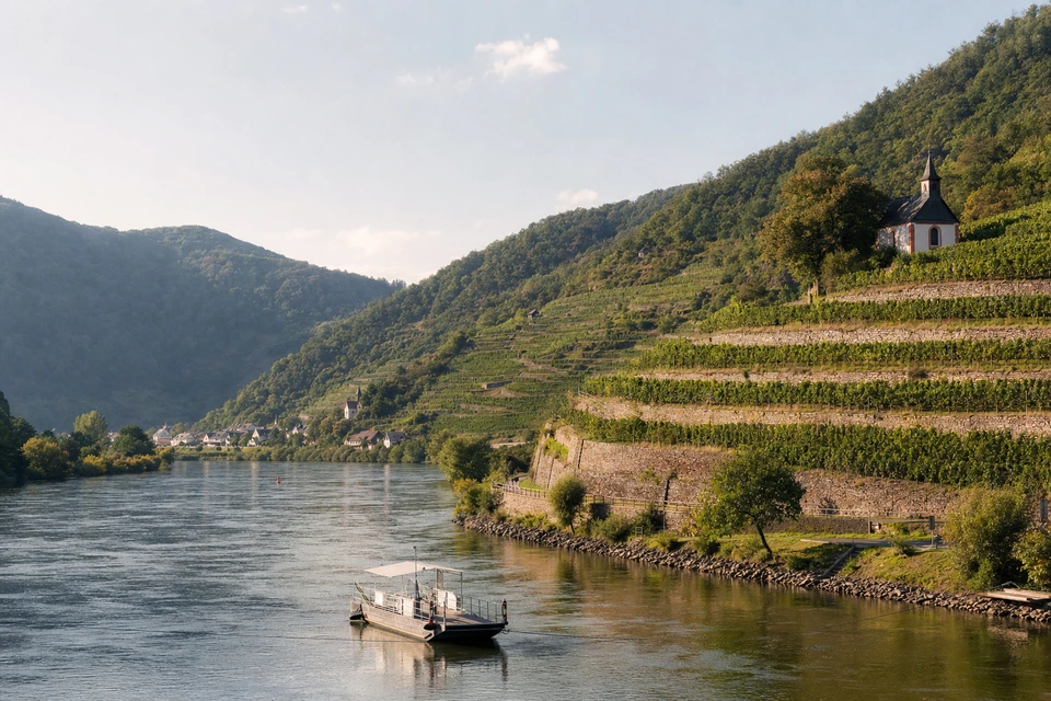 Steile Weinbergterrassen in vollem Sommerlaub, die zu einem Fluss abfallen (mit AI erstelltes Bild)