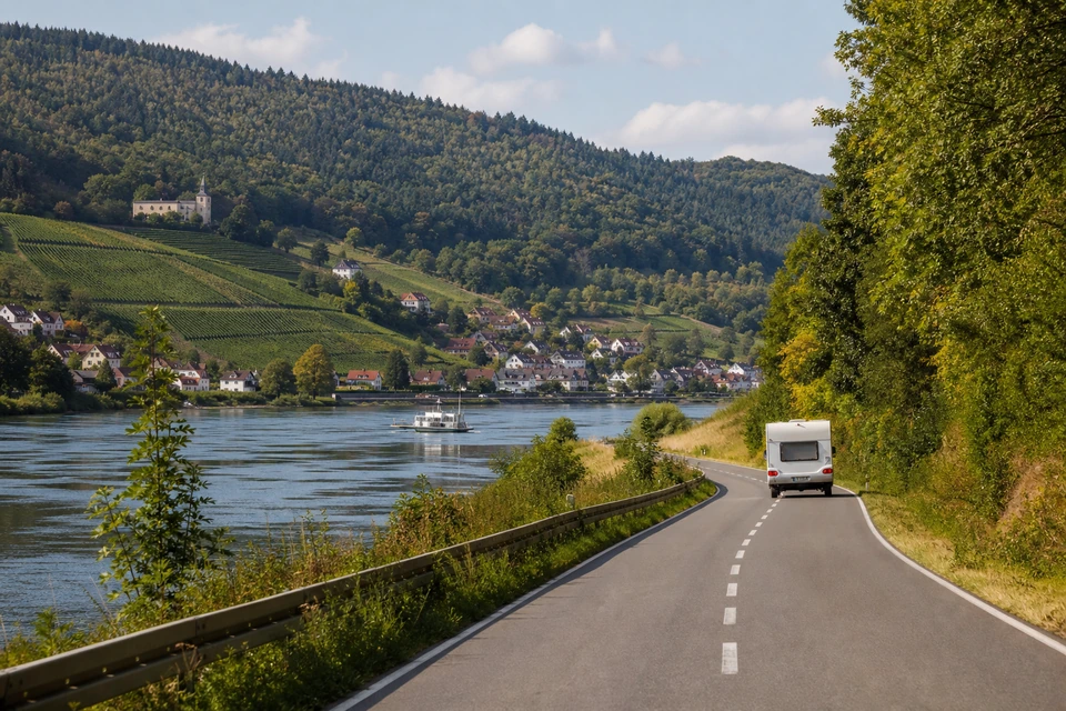 Zweispurige Landstraße, die einem breiten Fluss zwischen bewaldeten Hängen folgt, ein Wohnmobil in der Ferne (mit AI erstelltes Bild)