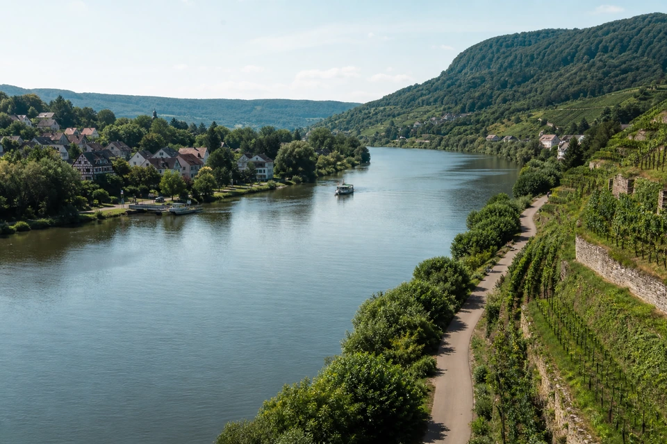 Terrassierte Stellplätze unter Pinien mit Blick auf eine ruhige Mittelmeerbucht (mit AI erstelltes Bild)