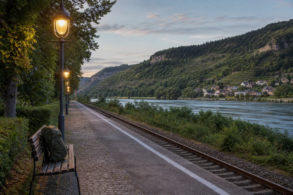 Kleiner Bahnsteig einer Provinzbahn in der Dämmerung, warmes Lampenlicht, ein Rucksack auf der Bank (mit AI erstelltes Bild)
