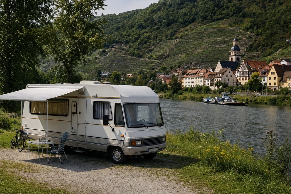 Älteres Wohnmobil auf einem einfachen Schotterstellplatz am Fluss (mit AI erstelltes Bild)