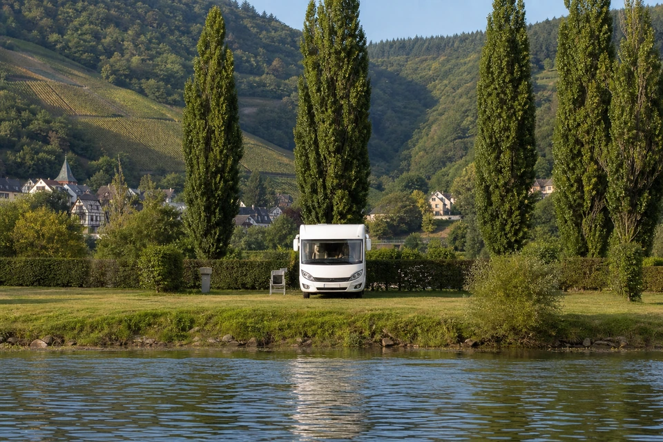 Weißes Wohnmobil auf einer gemähten Stellplatzwiese am Wasser (mit AI erstelltes Bild)