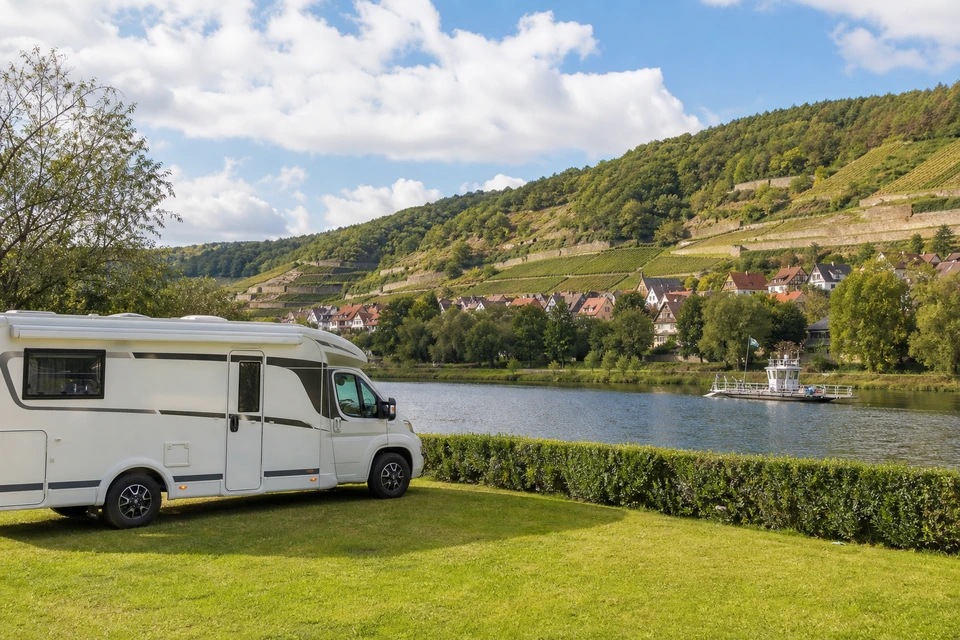 Wohnmobil auf einer Wiesenparzelle am Wasser (mit AI erstelltes Bild)