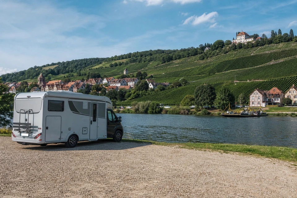 Einfacher Schotterstellplatz am Fluss ohne Ausstattung (mit AI erstelltes Bild)