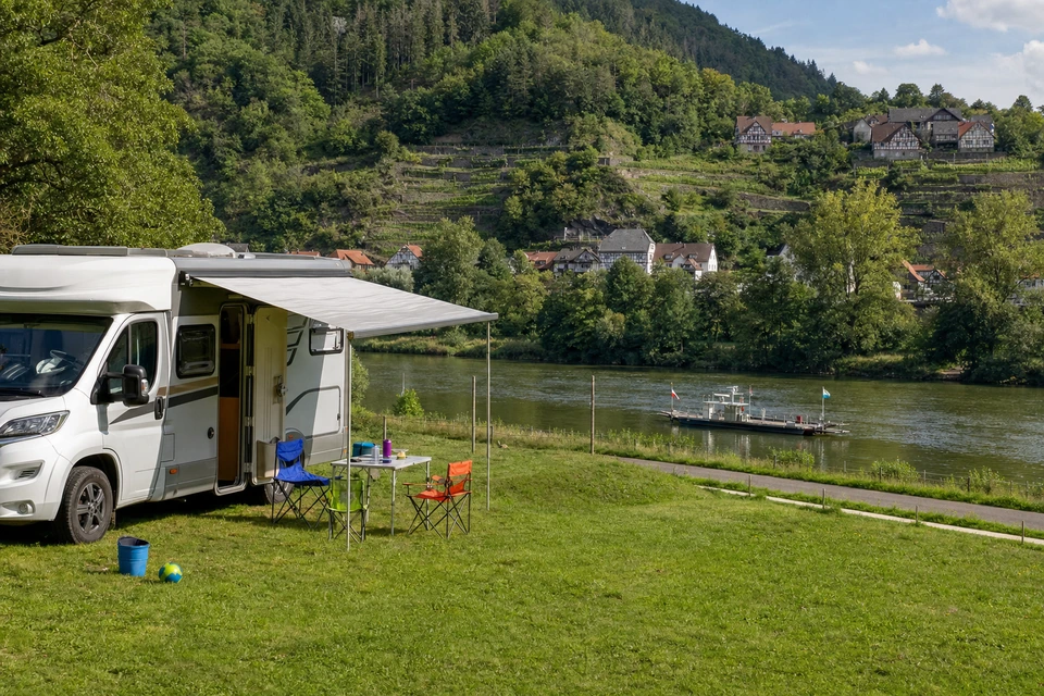 Familienfreundlich eingerichtete Stellplatzparzelle mit Klapptisch, Kinderstühlen und Spielzeug auf der Wiese (mit AI erstelltes Bild)