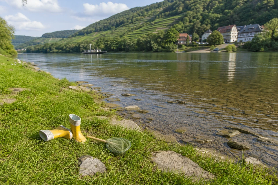 Kindergummistiefel und ein kleines Keschernetz auf einer Uferwiese neben flachen Steinen (mit AI erstelltes Bild)