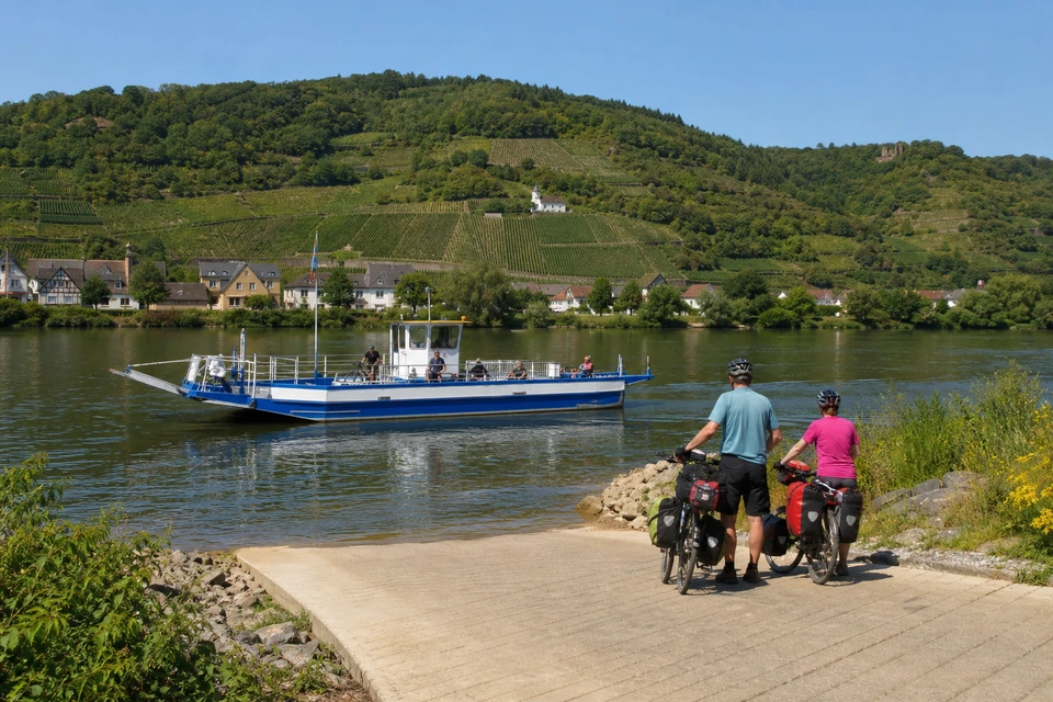 Kleine blau-weiße Flussfähre mit wartenden Radfahrern an der Slipanlage (mit AI erstelltes Bild)