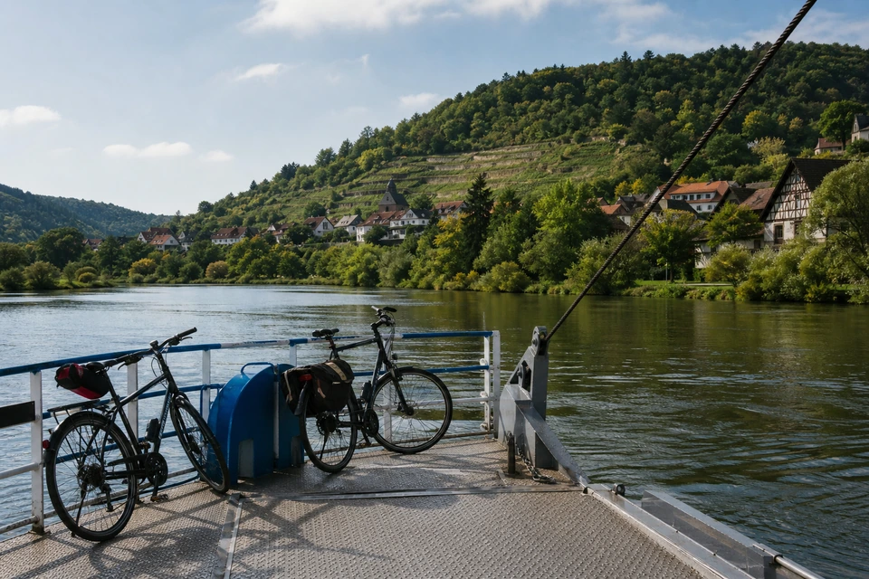 Kleine Seilfähre bei der Überfahrt über den ruhigen Fluss, zwei Fahrräder an Deck (mit AI erstelltes Bild)