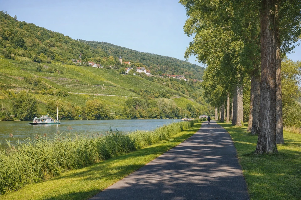 Asphaltierter Radweg auf einem Flussdamm zwischen Wiese und Schilf mit Pappelschatten (mit AI erstelltes Bild)