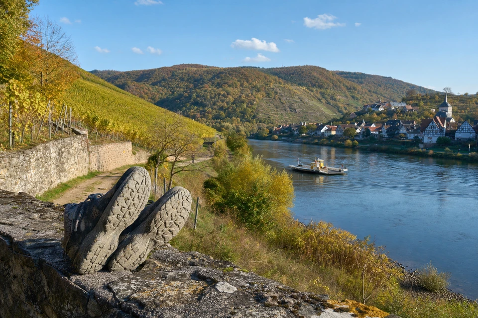 Ein Paar kräftige Wanderschuhe auf einer Steinmauer am Weinbergweg (mit AI erstelltes Bild)