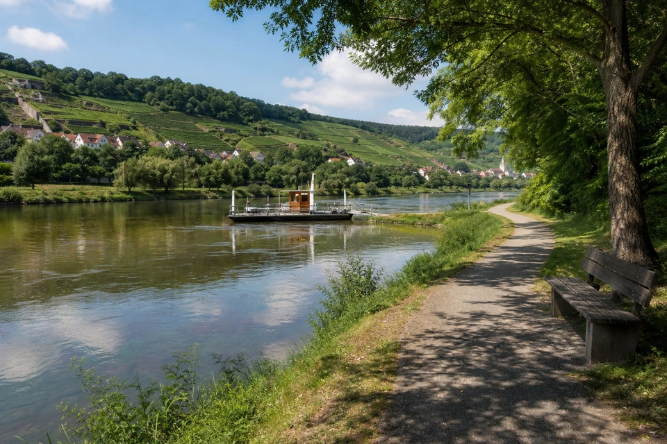 Asphaltierter Uferweg, der unter Bäumen am Wasser entlangführt, eine Holzbank am Rand (mit AI erstelltes Bild)