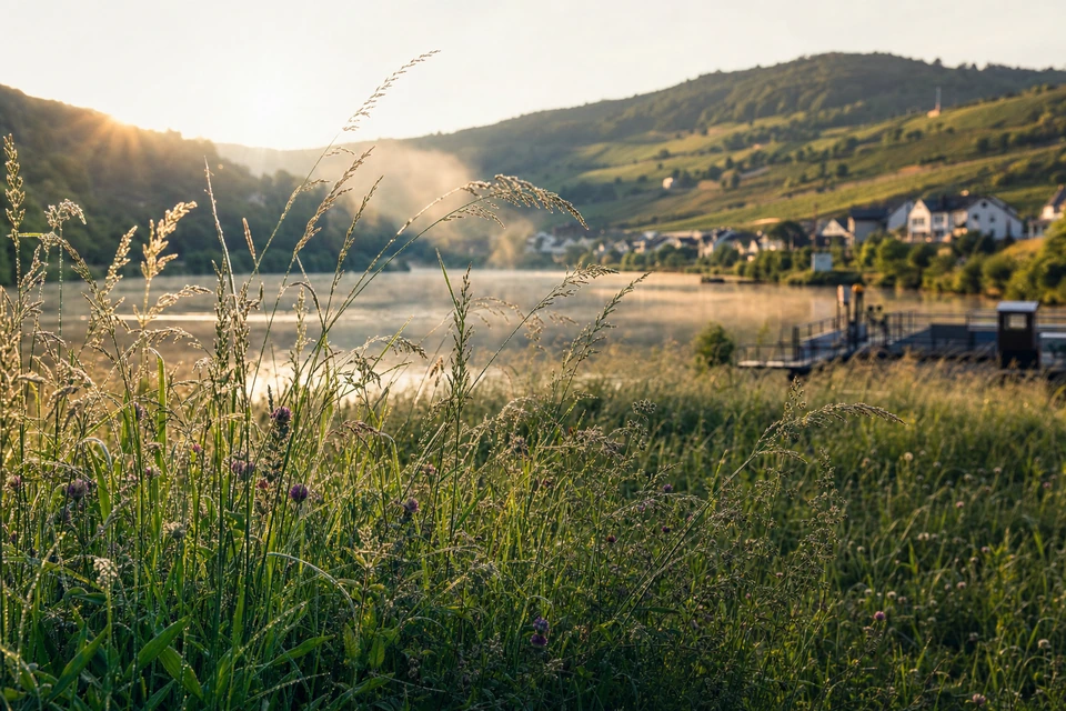 Tau auf hohen Wiesengräsern und Wildblumen am Rand eines Stellplatzes bei Sonnenaufgang (mit AI erstelltes Bild)