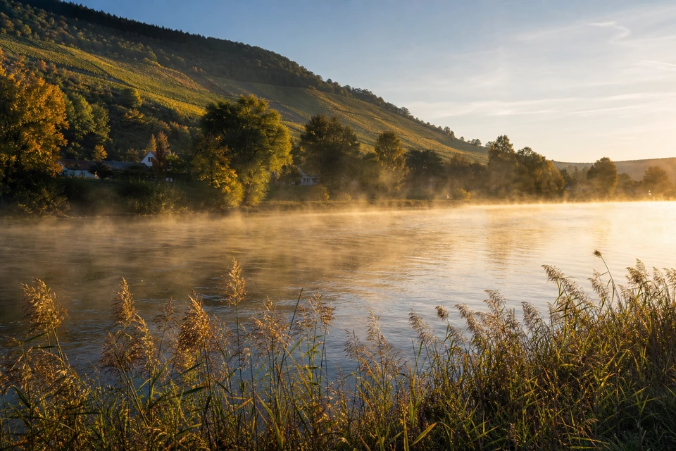 Flussnebel über einem stillen Ufer bei Sonnenaufgang, Schilf im Vordergrund, Weinberghang dahinter (mit AI erstelltes Bild)