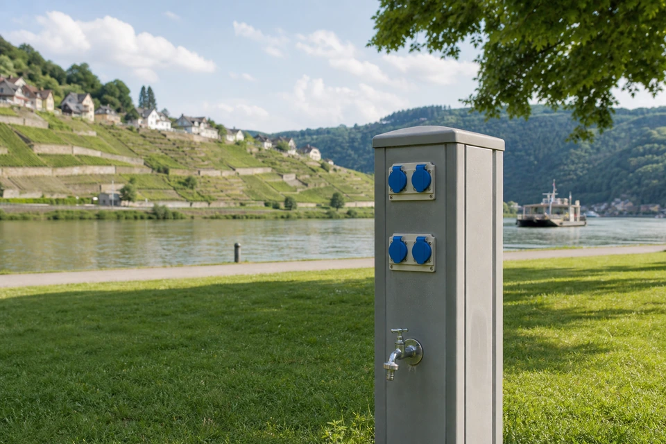 Versorgungssäule mit Steckdosen und Wasserhahn am Stellplatz (mit AI erstelltes Bild)