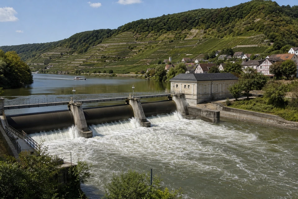 Flusswehr mit großen stählernen Walzen, daneben ein niedriges Kraftwerksgebäude aus hellem Stein (mit AI erstelltes Bild)