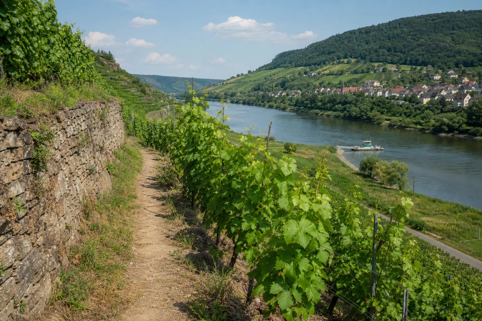 Schmaler Erdpfad, der zwischen Rebzeilen einen Steilhang über dem Fluss hinaufführt (mit AI erstelltes Bild)