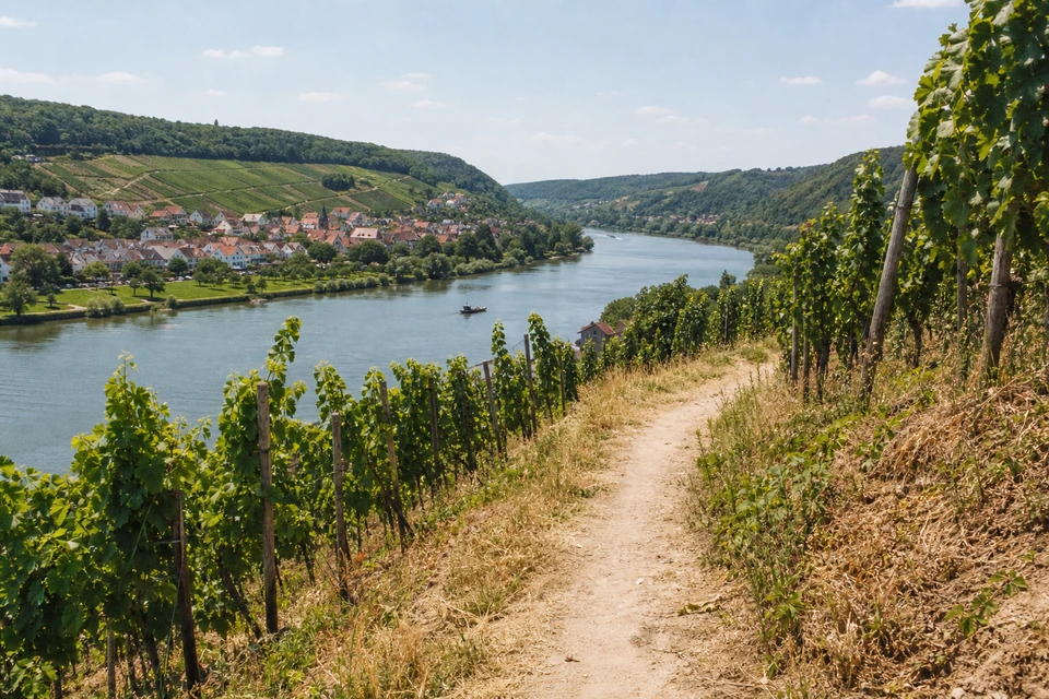 Staubiger Fußweg, der bei Hitze durch einen Weinberg ansteigt (mit AI erstelltes Bild)