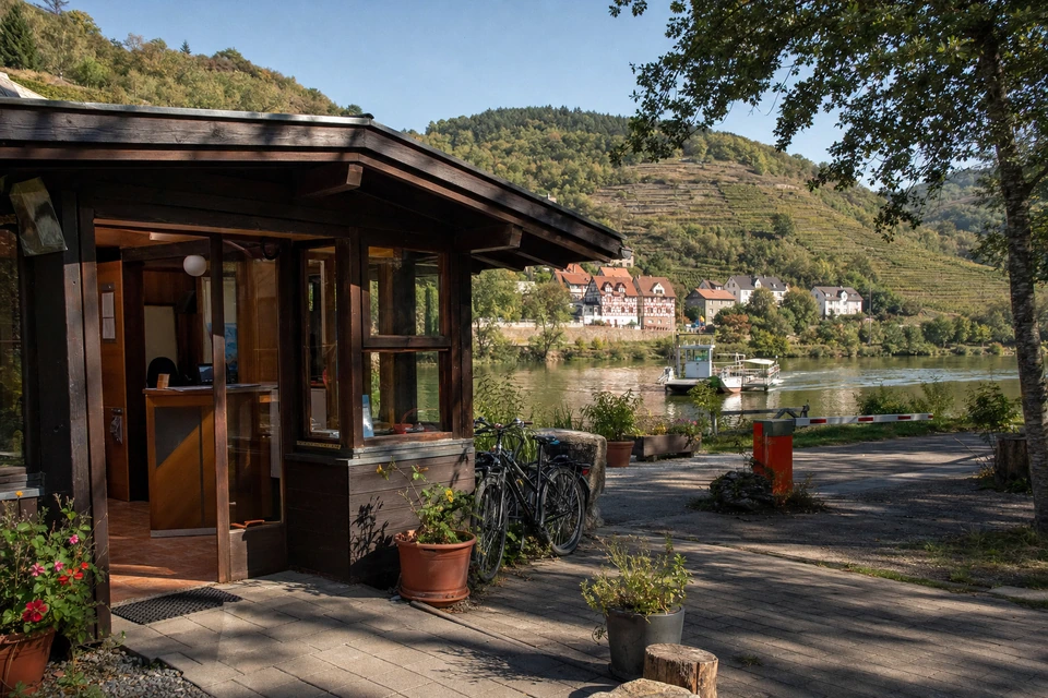 Kleines Empfangsgebäude eines Wohnmobilhafens am Flussufer an einem sonnigen Morgen (mit AI erstelltes Bild)