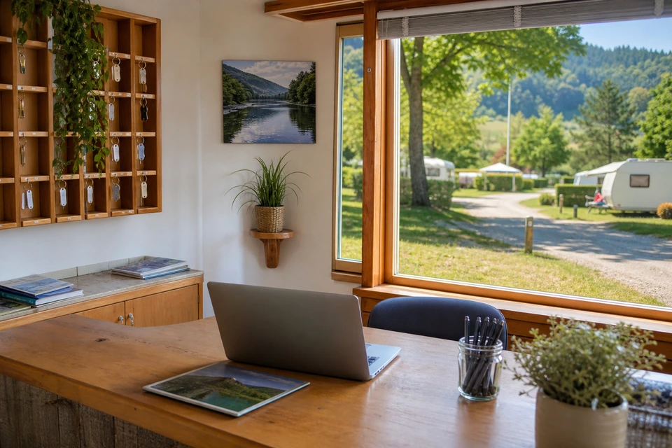 Aufgeräumter Empfangstresen eines Campingplatzes mit Laptop und Schlüsselschrank (mit AI erstelltes Bild)