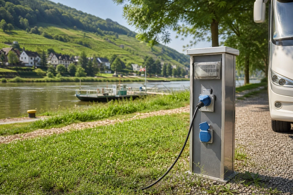 Stromsäule an einer Stellplatzparzelle am Fluss, eingestecktes Kabel, Zählerfenster im Morgenlicht (mit AI erstelltes Bild)