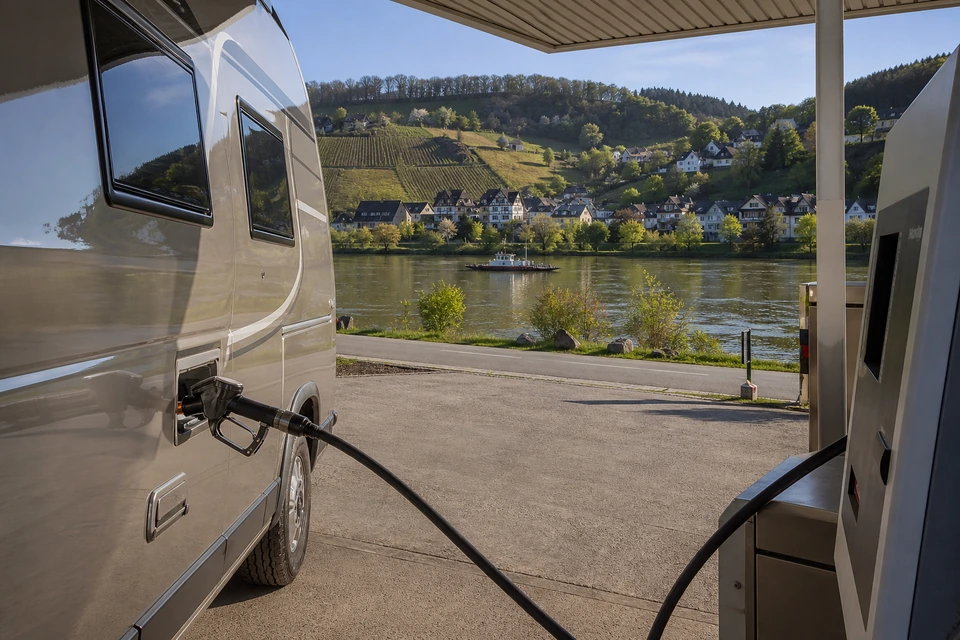 Zapfpistole im Tankstutzen eines Wohnmobils an einer kleinen Landtankstelle im Morgenlicht (mit AI erstelltes Bild)