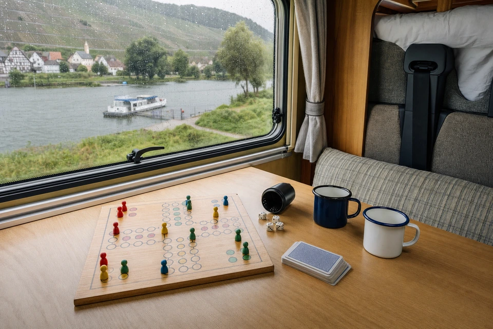 Aufsicht auf einen Wohnmobiltisch mit Brettspiel, Würfelbecher, Kartenspiel und zwei Emaillebechern (mit AI erstelltes Bild)