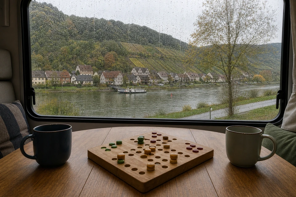 Regen läuft an einem Wohnmobilfenster herunter, davor ein hölzernes Brettspiel und zwei Tassen auf dem Tisch (mit AI erstelltes Bild)