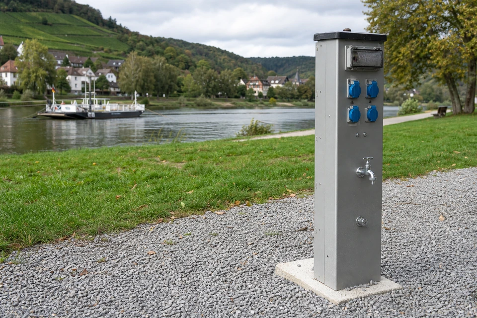 Graue Versorgungssäule mit Steckdosen und Wasserhahn auf einer Schotterfläche (mit AI erstelltes Bild)