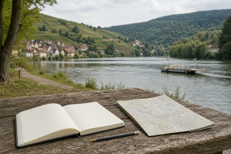 Aufgeschlagenes Notizbuch und gefaltete Regionalkarte auf einem verwitterten Holztisch im Freien (mit AI erstelltes Bild)