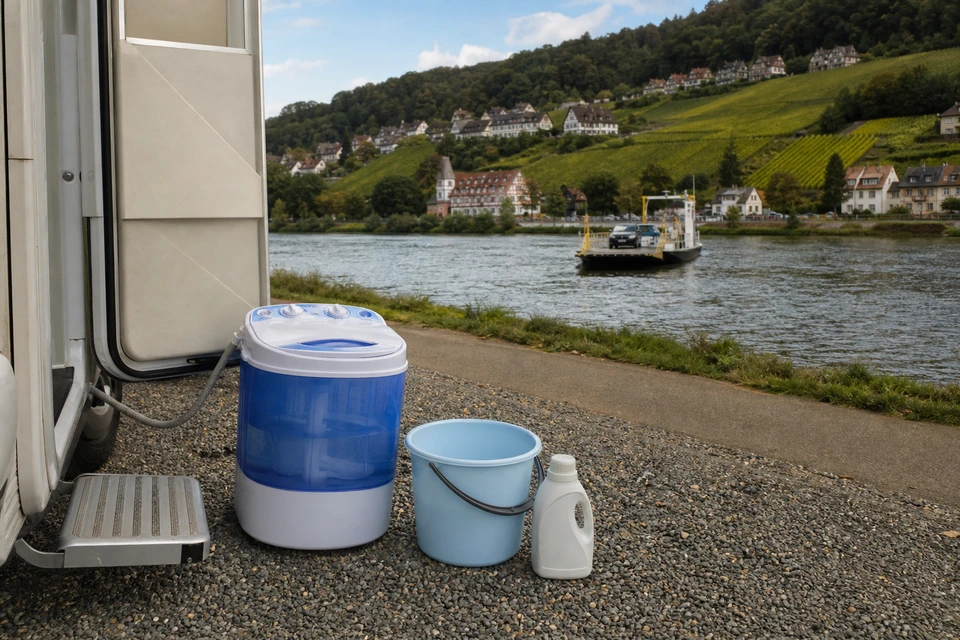 Kleine tragbare Waschmaschine auf einer Schotterfläche neben der Wohnmobilstufe (mit AI erstelltes Bild)